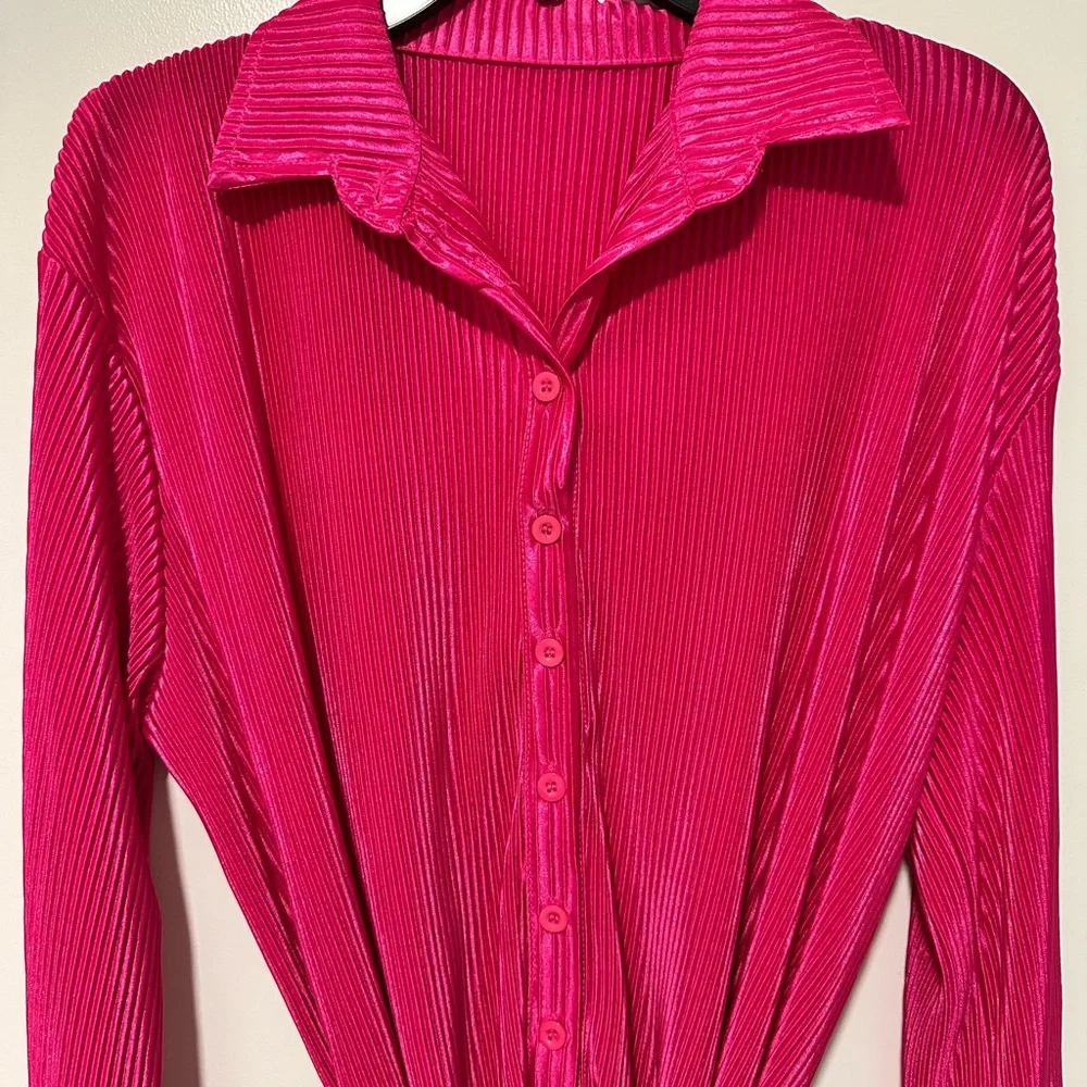 Vibrant Pink V Collar Button-Up Long Sleeve Dress